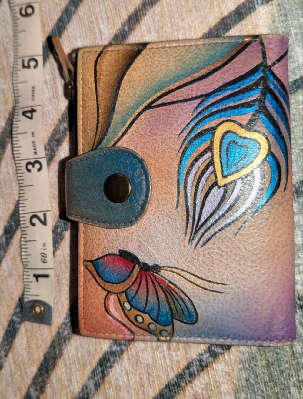 ANNA BY ANUSCHKA Butterfly & Peacock Feathers Hand Painted Leather Wallet